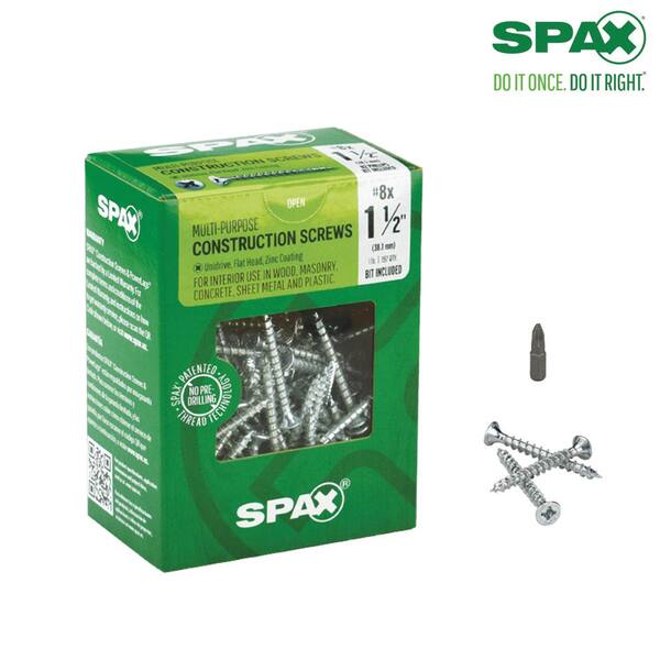 SPAX #8 x 1-1/2 in. Phillips-Square Drive Flat Head Full Thread Zinc Coated Multi-Material Screw (197 per Box)