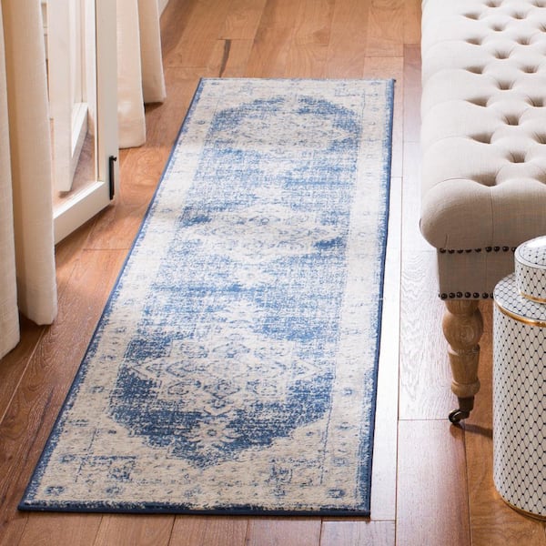 Brentwood Ivory/Navy 2 ft. x 12 ft. Floral Medallion Border Runner Rug