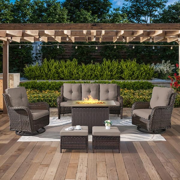 6-Piece Brown Wicker Outdoor Patio Rectangular Fire Pit Conversation Set with Gray Cushions and Swivel Rocker Chairs