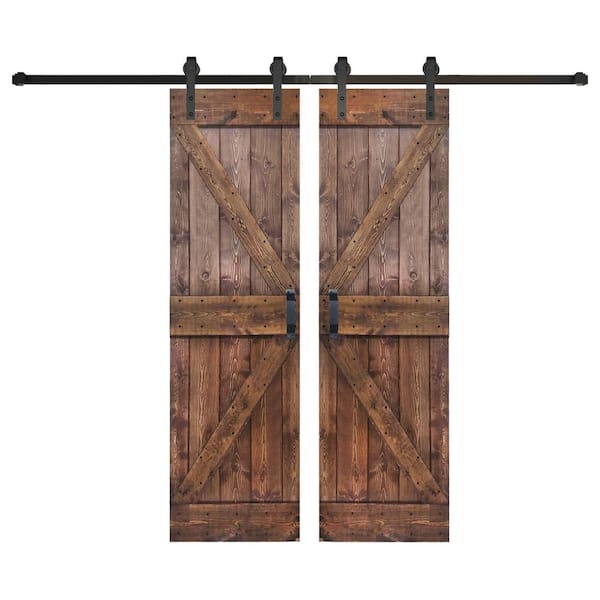 ISLIFE K Series 56 in. x 84 in. Dark Walnut Finished DIY Solid Wood Double Sliding Barn Door with Hardware Kit