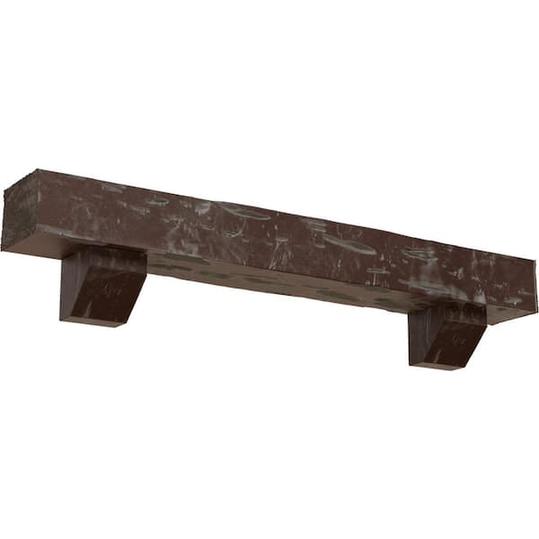 Ekena Millwork 8 in. x 12 in. x 4 ft. Pecky Cypress Faux Wood Fireplace Mantel Kit with Ashford Corbels, Aged Pecan