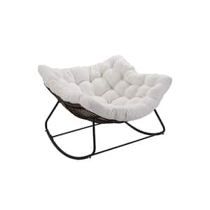 42 in. W Dark Gray Wicker Grand patio, Outdoor Rocking Chair, Padded Cushion Rocker Recliner Chair with White Cushion