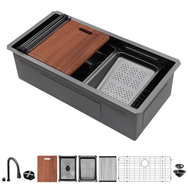 33 in. Gunmetal Black Undermount Workstation Waterfall Kitchen Sink Single Bowl 16 Gauge Stainless Steel with Faucet