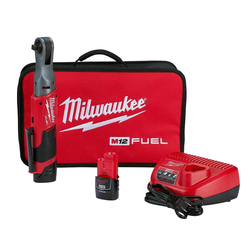 Milwaukee M12 FUEL 12V Lithium-Ion Brushless Cordless 3/8 in. Ratchet Kit  with (2) 2.0Ah Batteries, Charger  Tool Bag 2557-22 The Home Depot