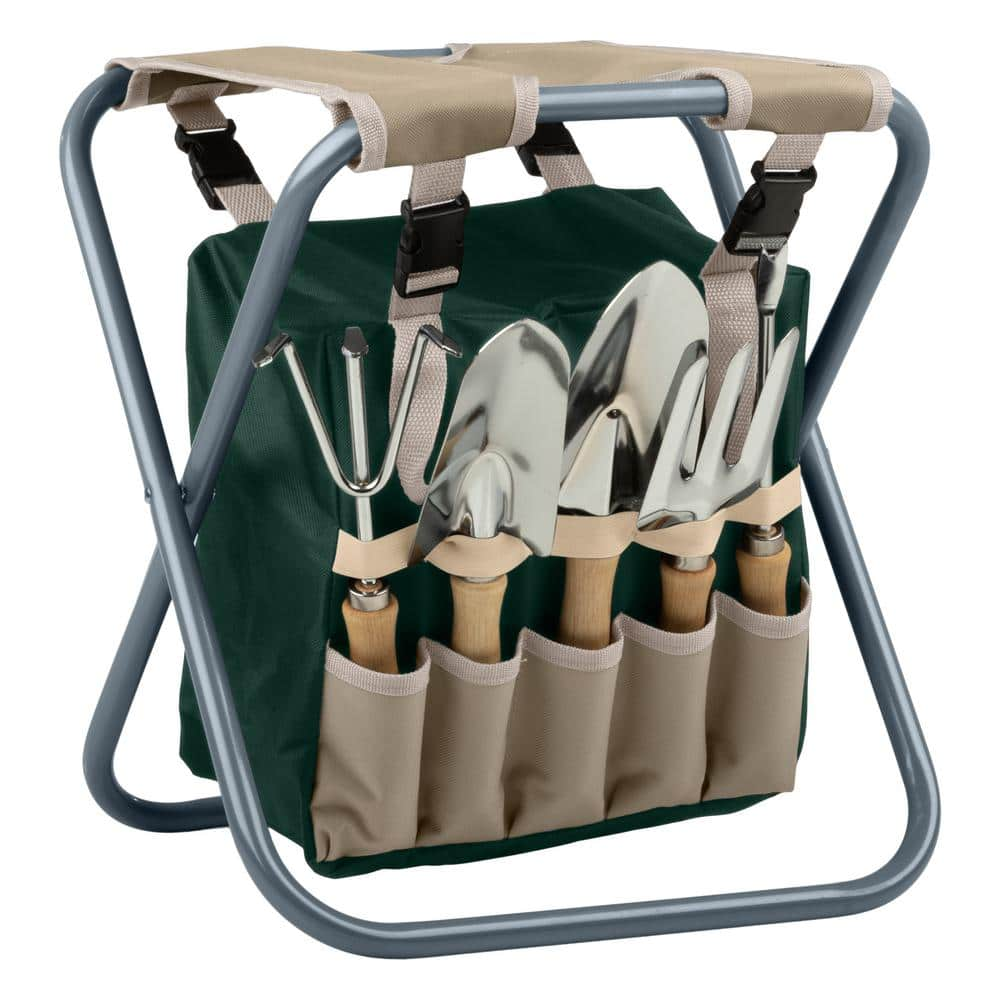 Pure Garden 16 in. Folding Garden Stool with Garden Bag and Tools