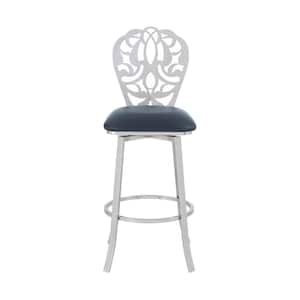 30 in. Grey Faux Leather Scroll Brushed Stainless Steel Swivel Bar Stool