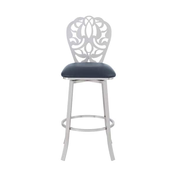 HomeRoots 30 in. Grey Faux Leather Scroll Brushed Stainless Steel Swivel Bar Stool