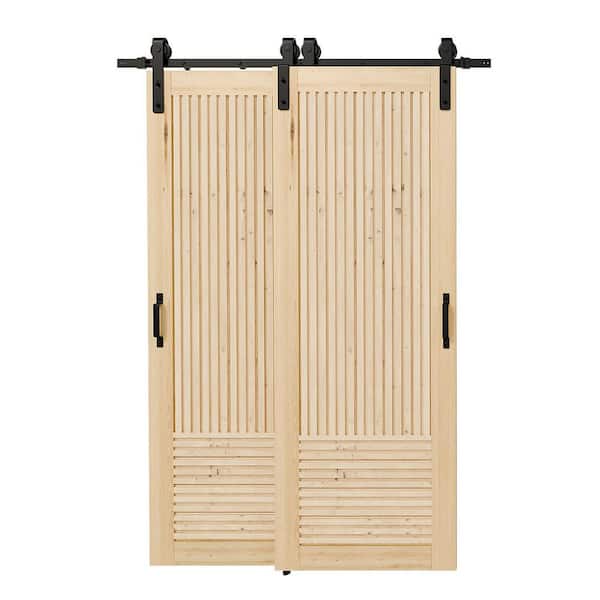 60in x 84in  Natural Pine Fluted, Vertical & Horizontal Slat,Unassembled Wood Bypass Sliding Barn Door with Hardware Kit