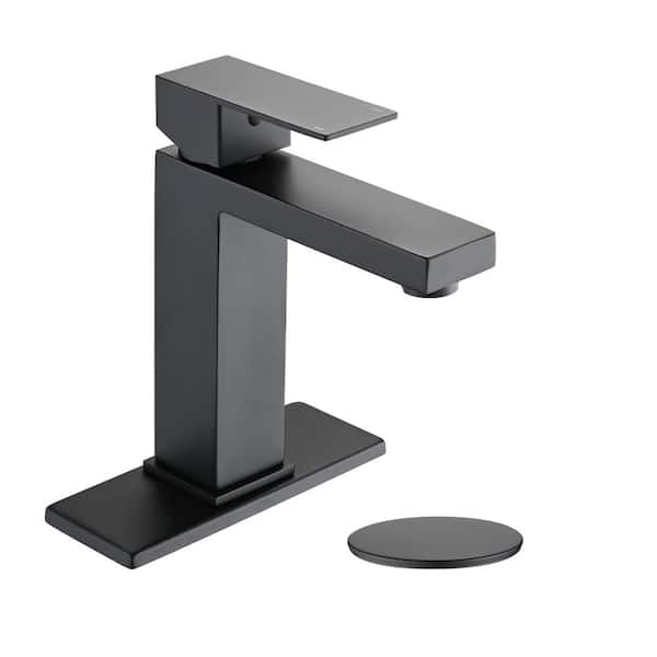 Unbranded Single Handle Single Hole Deck Mounted Bathroom Faucet with Deckplate and Drain Assembly in Matte Black Sink Faucet