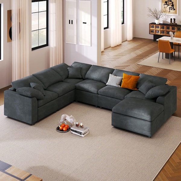 Gillian 124.8 in. Chenille Upholstered L-Shaped Sectional Sofa in Gray with Movable Ottomans