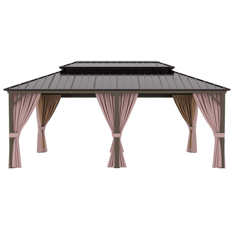 Extra Large Brown Metal Patio Gazebo with Dual Track Curtains