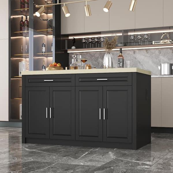 Homsee Luxury Black Wood 61 in. W Kitchen Island Dining Bar Table with Marble Wood Grain Countertop and Built-in Power Outlets