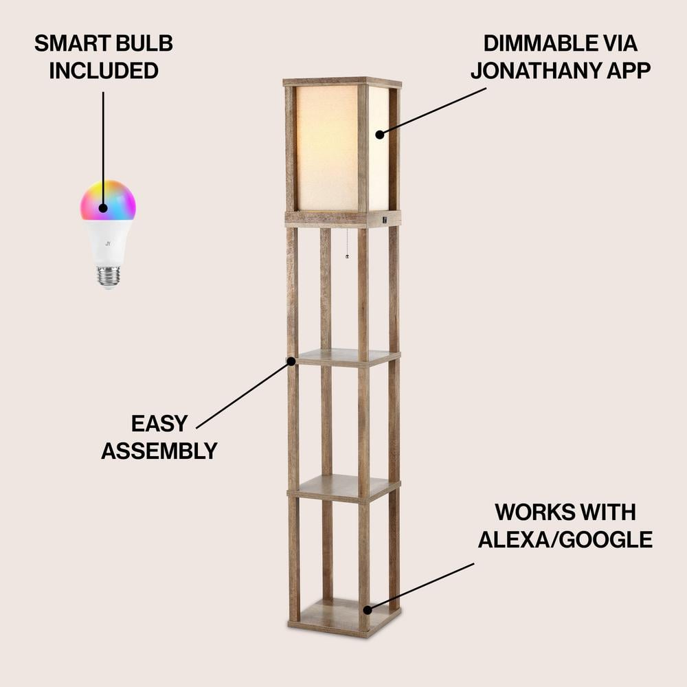 63.5" Beige Wooden 3-Shelf Floor Lamp with USB Port