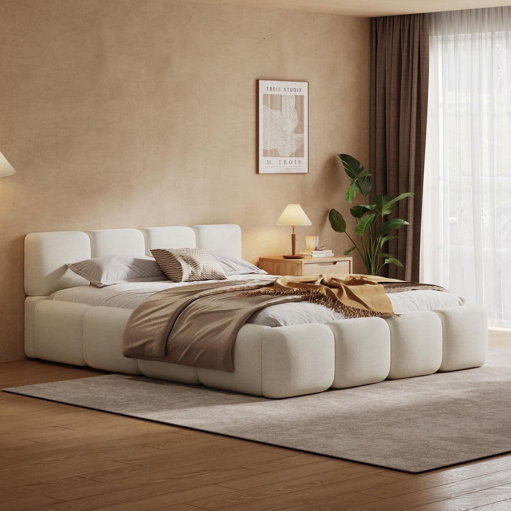 Cassius White Boucle Upholstered Wood Frame Queen Size Platform Bed with Headboard - thumbnail 10