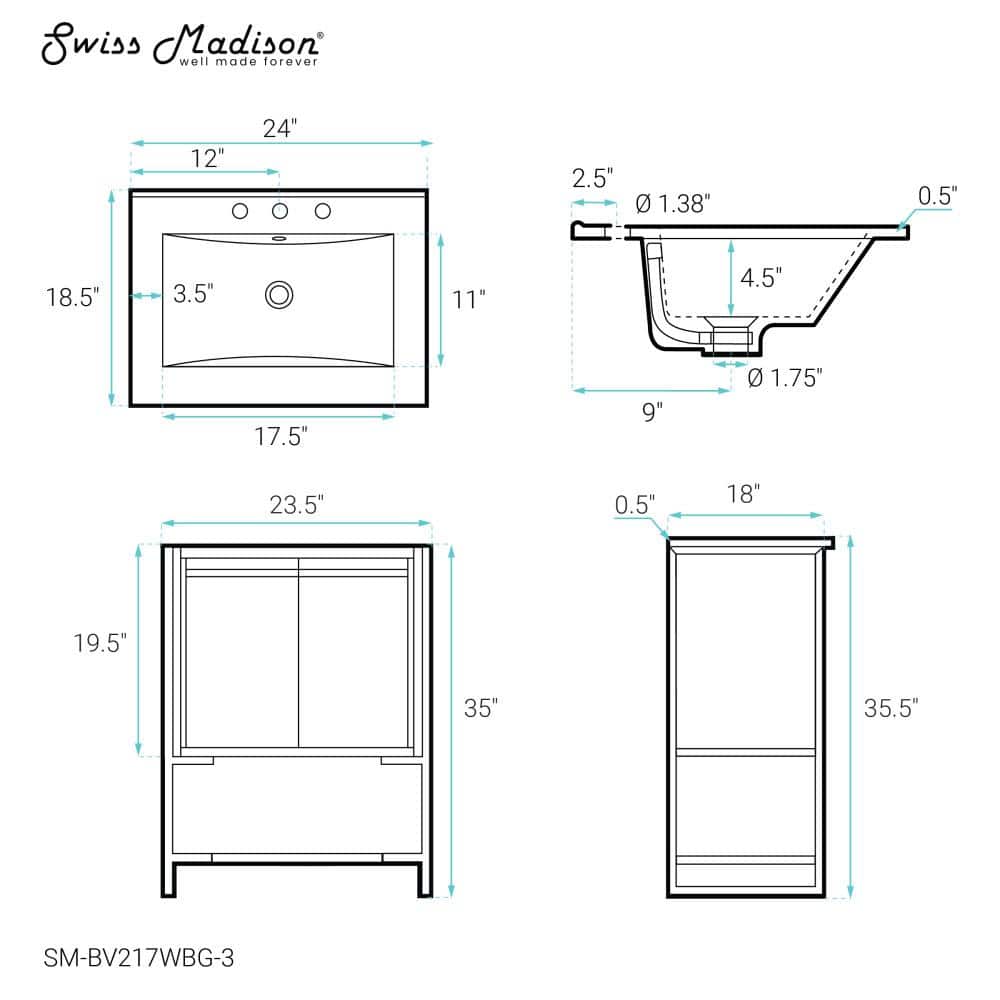 Marseille 24" White and Gold Freestanding Bathroom Vanity