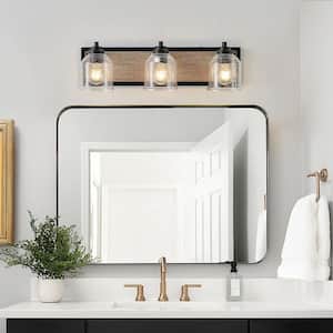 7.1 in. 3 Light Black Farmhouse Vanity Light Fixture, Bathroom Wall Sconce with Clear Seeded Glass Shades