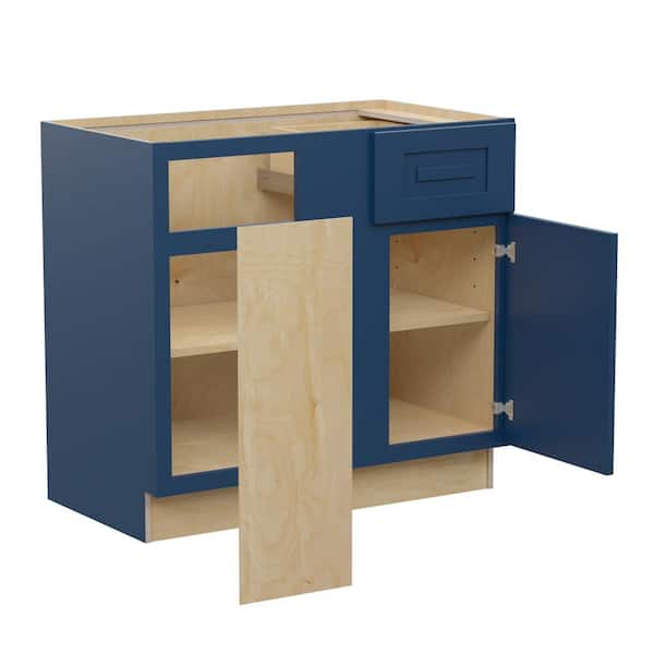 Home Decorators Collection Grayson 36 in. W x 24 in. D x 34.5 in. H Assembled Plywood Blind Base Kitchen Cabinet in Mythic Blue with Soft Close LH