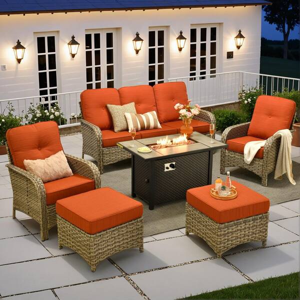 Beverly Gray 6-Piece Wicker Outdoor Patio Conversation Sofa Set with Metal Fire Pit and Orange Red Cushions