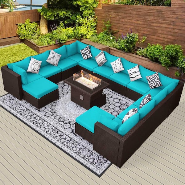 NICESOUL 15-Piece Large Size Patio Brown PE Wicker Patio Sofa Set with Teal Cushions and 55,000 BTU Fire Pit Table