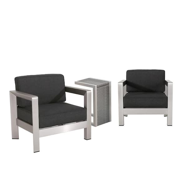Noble House Alvira Silver 3-Piece Aluminum Patio Conversation Set with Grey Cushions