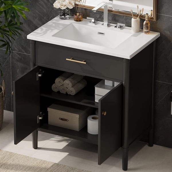 31 in. Freestanding Black Bath Vanity with White Ceramic Top Bathroom Door Storage Cabinet Unassembled