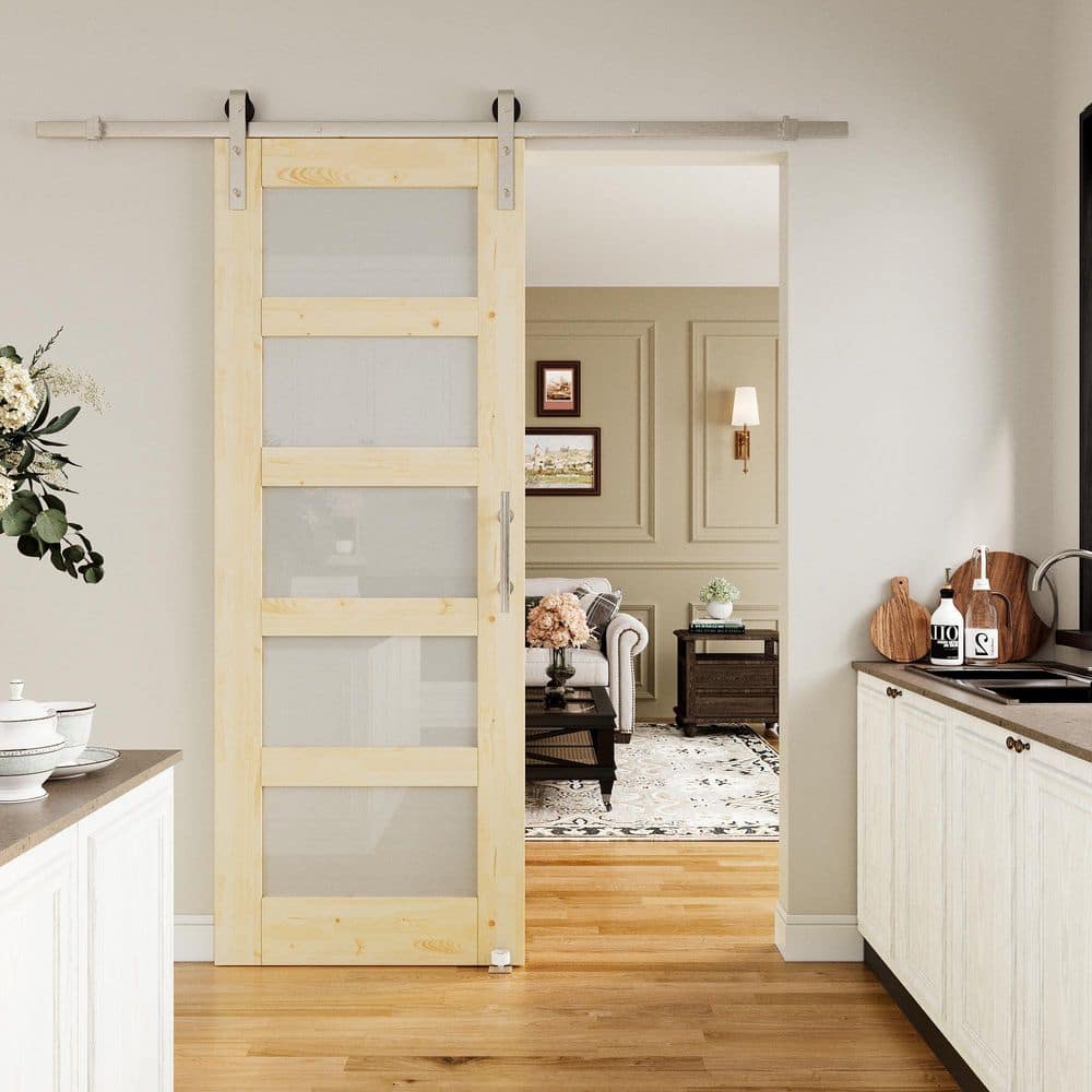 30 in. x 80 in. 5-Lite Frosted Glass Unfinished Glass Sliding Barn Door with Hardware Kit price history on PriceWatchPro