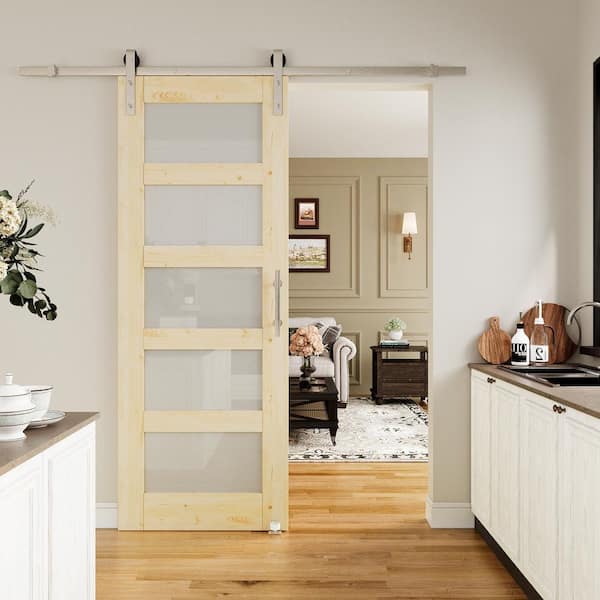 ARK DESIGN 30 in. x 80 in. 5-Lite Frosted Glass Unfinished Glass Sliding Barn Door with Hardware Kit