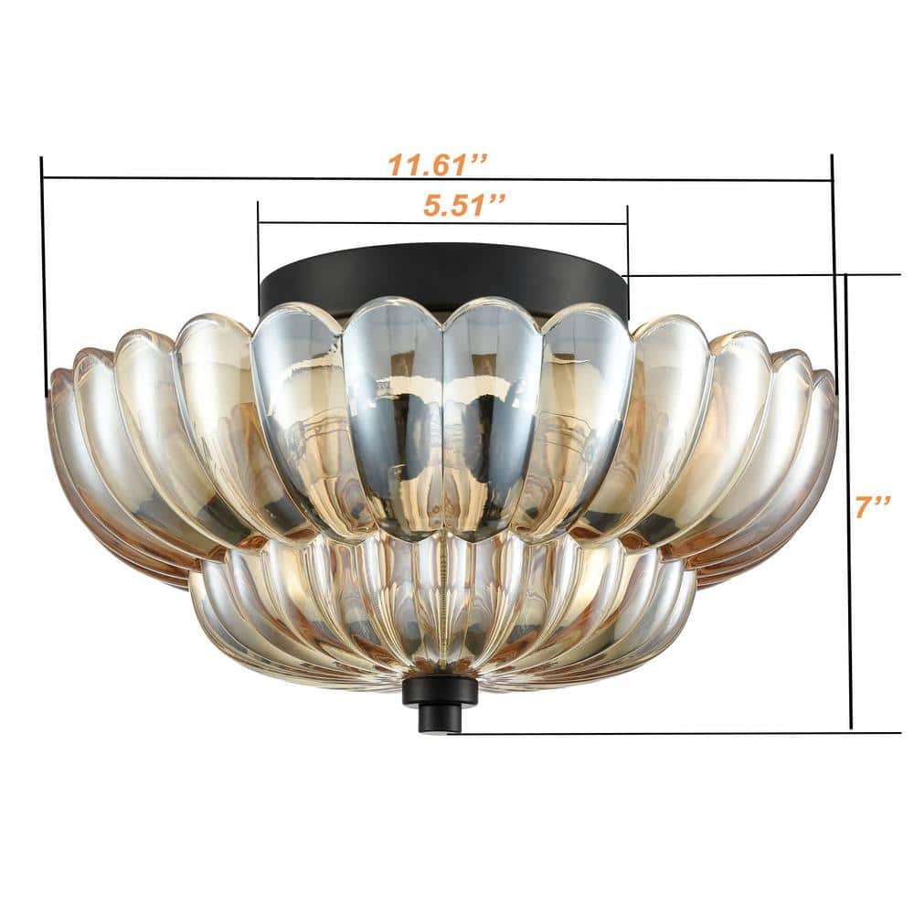Amber Glass and Black 3-Light Semi Flush Mount Ceiling Fixture