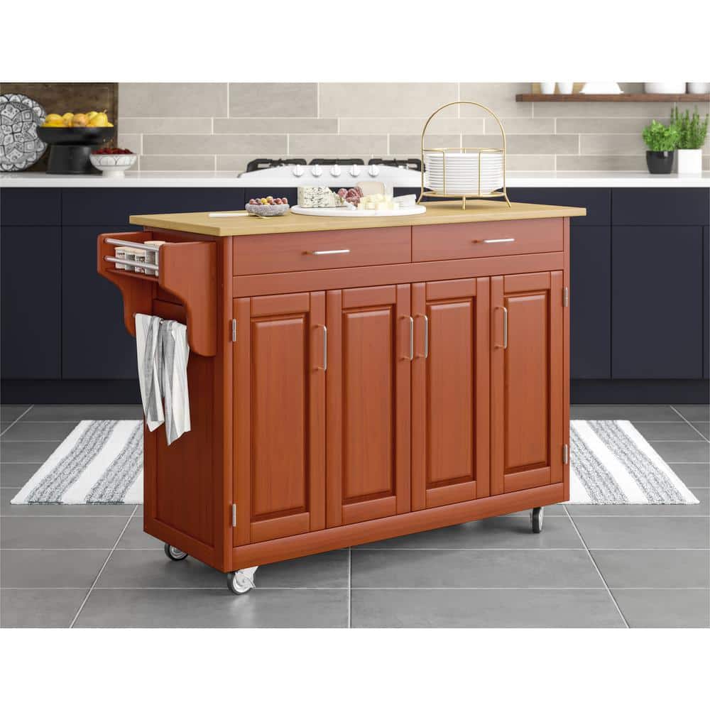 Cottage Oak Wood Kitchen Cart with Spice Rack and Storage