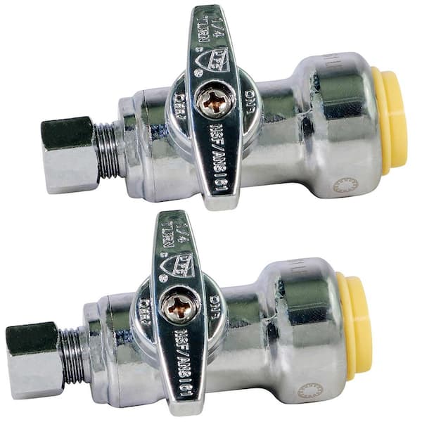 The Plumber's Choice 1/2 in. Push x 1/4 in.Comp Push-Fit Water Supply Stop Angle Valve Quarter Turn, Lead Free Chrome Plated Brass 2 Pack
