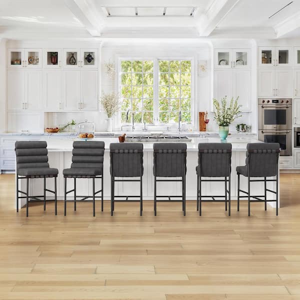 OrangeOne 26 in. Black PU Leather Upholstered Counter Height Bar Stools Black Metal Legs Stool with Wave Back and Cushion Set of 6