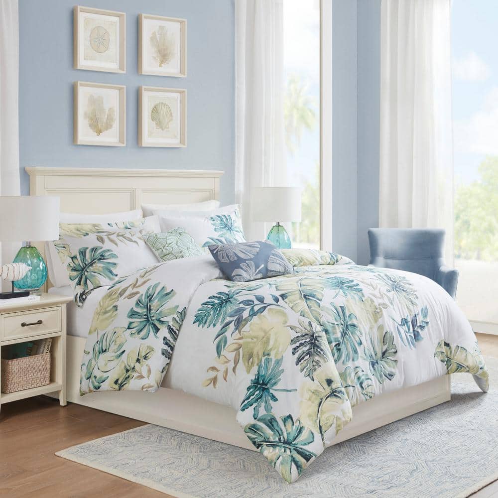 Lorelai Coastal Blue and Green Cotton King Duvet Cover Set