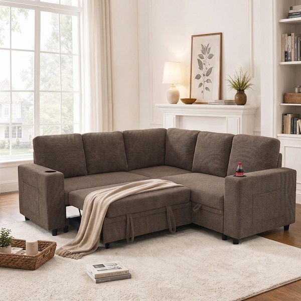 Modern 76.5 in. Fabric L-Shaped Sleeper Sectional Sofa in Brown with Cup Holders and Side Pockets, Coffee