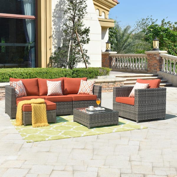 XIZZI Ontario Lake Gray 6-Piece Wicker Outdoor Patio Conversation Seating Set with Orange Red Cushions