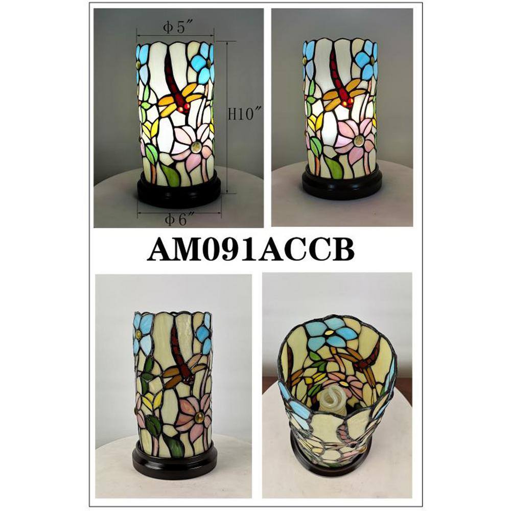Tiffany Style 10" Stained Glass Floral Dragonfly Lamp