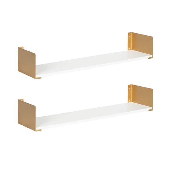 Kate and Laurel Rodi 6 in. x 24 in. x 1 in. White/Gold Metal Floating Decorative Wall Shelf Without Brackets