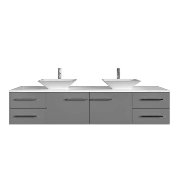 Wave 72 in. Double Sink Floating Gray Bath Vanity with White Quartz Top (Assembled)