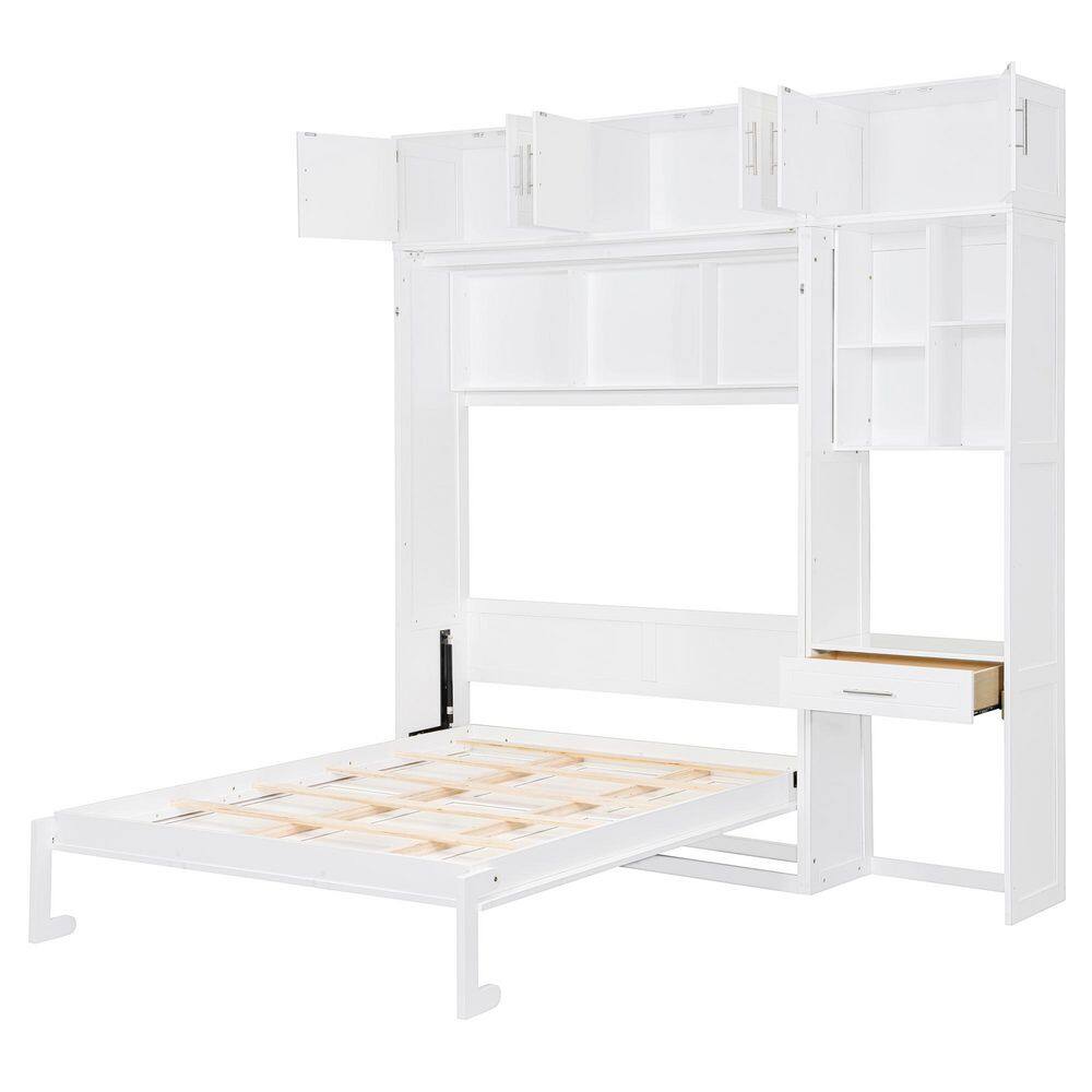 White wood Murphy bed unit with bed frame extended and cabinets open.