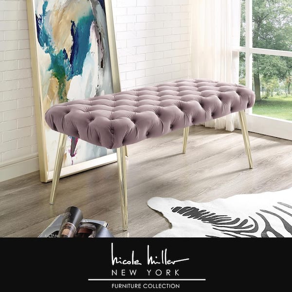 Nicole Miller Shannyn Lilac/Gold Velvet Bench with Button Tufted Metal Leg