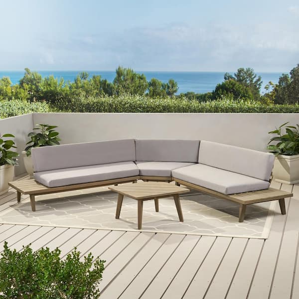 Noble House 4-Piece Wood Outdoor Patio Sectional Seating Set with Gray Cushions
