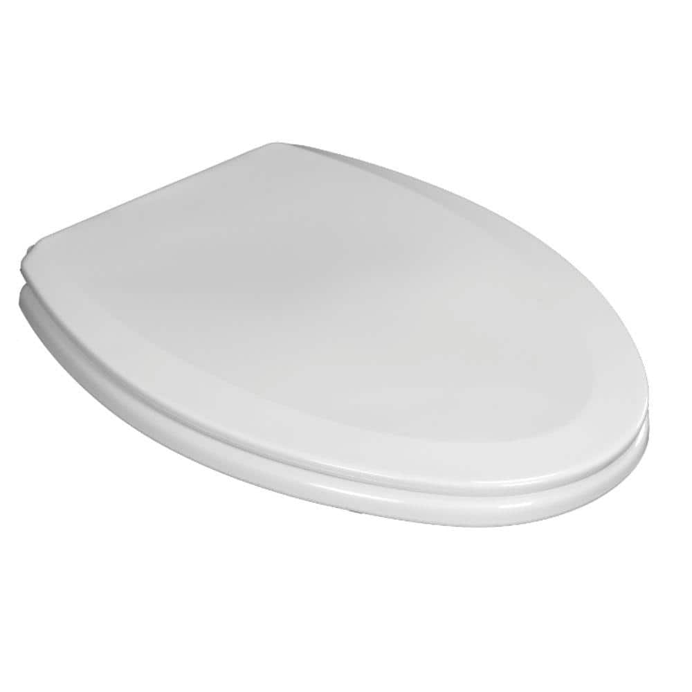 Elongated White Molded Wood Toilet Seat with Chrome Hinges