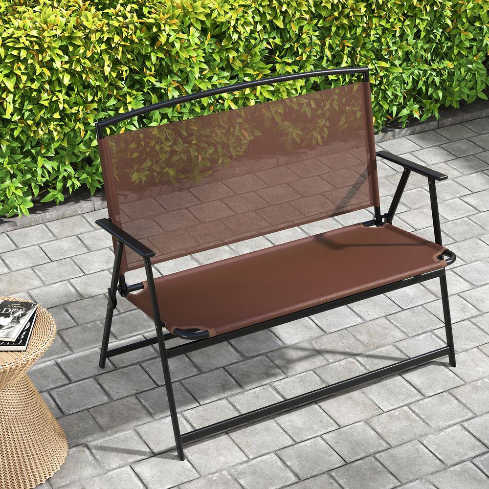 Brown Metal Foldable 2-Person Outdoor Garden Bench with Backrest and Armrests
