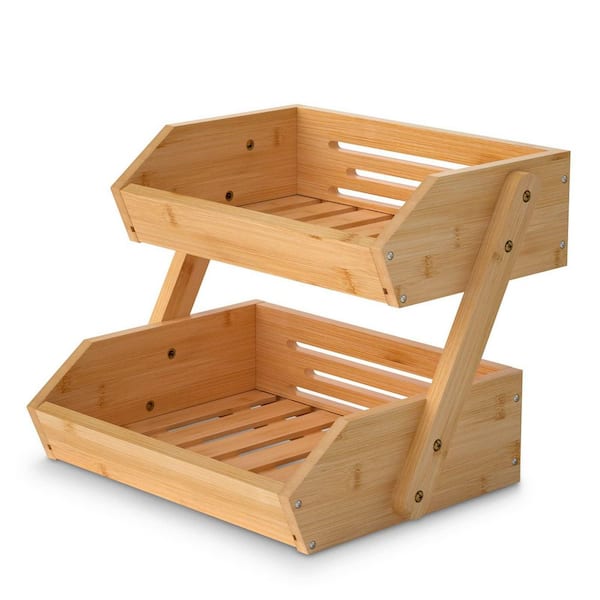 1 Piece 2 Tier Bamboo Fruit Basket Vegetable Holder, Produce Potato Storage Bowl Stand for Kitchen Countertop