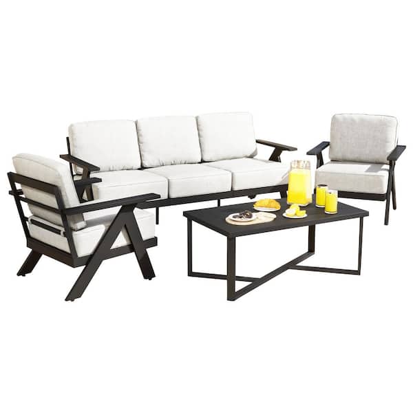 4-Piece 5-Person Aluminum Frame Patio Conversation Set with Beige Cushions