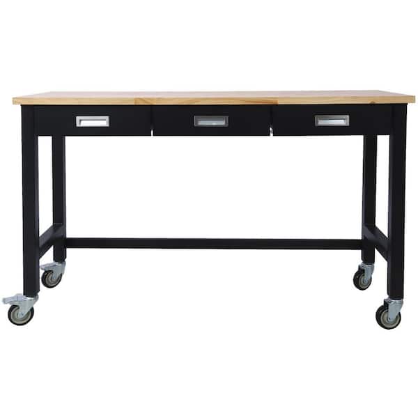 60 in. Workbench with Drawer Storage Heavy Duty Bamboo Wood Work Table with Wheels for Garage Home Office