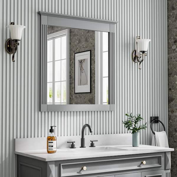 32 in. W x 33 in. H Rectangular Solid Wood Framed Wall Mounted Moisture-proof Bathroom Vanity Mirror in Gray,Easy Hang