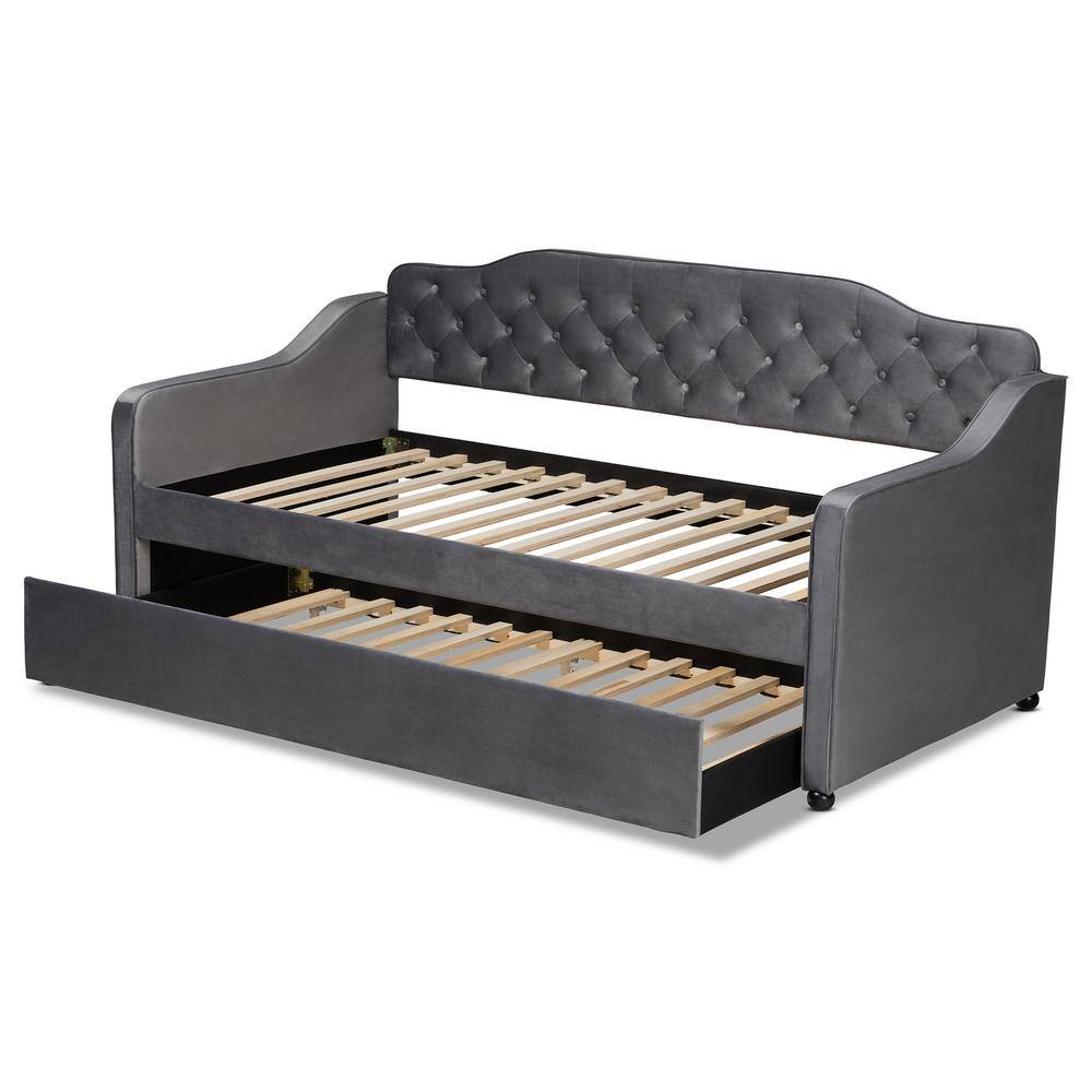 Gray Velvet Upholstered Twin Daybed with Tufted Back and Trundle