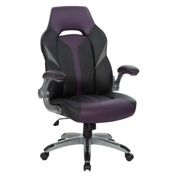 OSP Home Furnishings Orion Faux Leather Adjustable Height Gaming Chair in Black/Purple with Flip Arms