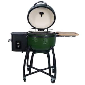 Pellet Grill with Gridiron Double Ceramic Liner 4- in -1 Smoked Roasted BBQ Pan-roasted in Dark Green for Outdoors Patio