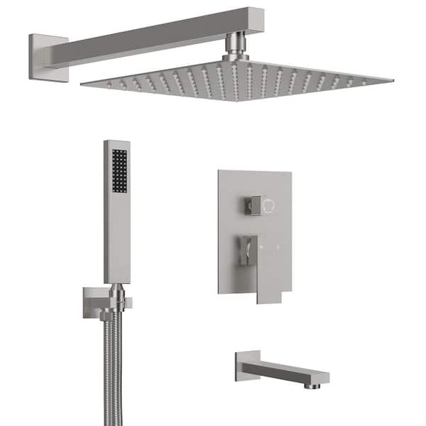 GRANDJOY Pressure Balance Single Handle 3-Spray Wall Mount 10 in. Tub and Shower Faucet 2.5 GPM in. Brushed Nickel Valve Included